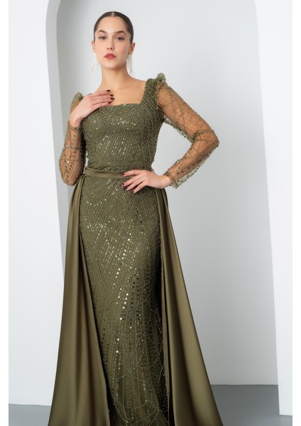 Kadın Haki Uzun Kol Taşlı Saten Kuyruk Aksesuarlı Abiye modelleri