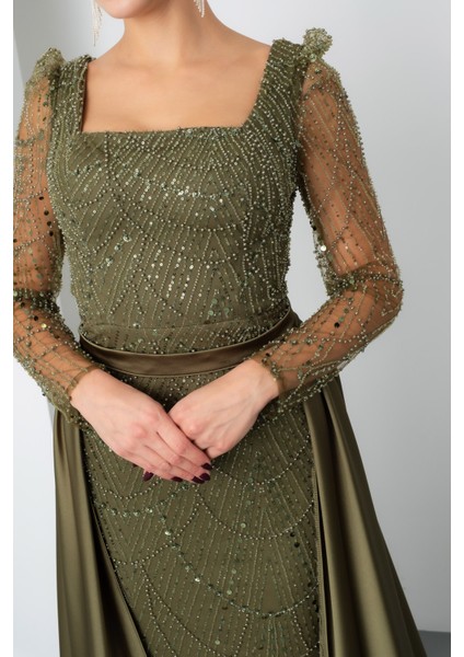 Kadın Haki Uzun Kol Taşlı Saten Kuyruk Aksesuarlı Abiye fırsatları