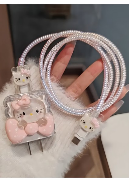 18W/20W Uyumlu Pembe Hello Kitty Şarj Aleti Koruyucu Şarj Kablosu Örme Aparatlı Koruyucu Toparlayıcı
