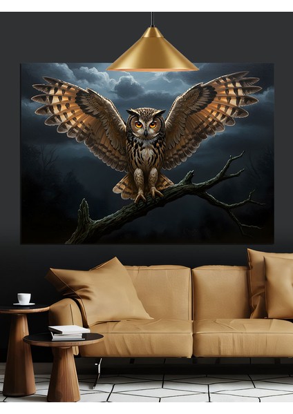 Karanlıkta Süzülen Gece Baykuşu Dekoratif Kanvas - Mdf Ahşap Tablo