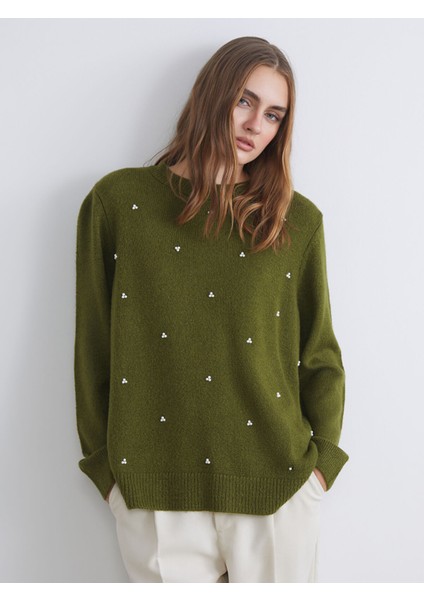 Yeni Sezon Bisiklet Yaka Boncuk Işlemeli Kadın Triko Kazak