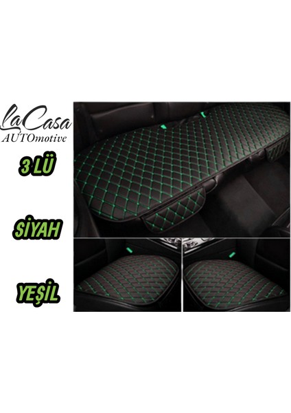 Ergonomik,ortopedik,suni Deri Kapitoneli Lüks Lacasa Oto Koltuk Kılıfı-Minderi (3 Lü Set)Siyah-Yesil