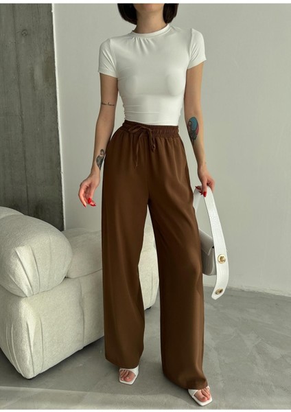 Linda Kumaş Siyah Keten Karışımlı Bol Kesim Pantolon Beli Lastikli Beli Bağcıklı