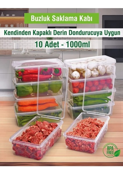 10 Adet 1 Lt. Kendinden Kapaklı Derin Dondurucuya Uygun Saklama Kabı Düzenleyici