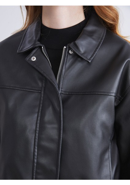 Yeni Sezon Gömlek Yaka Kadın Deri Görünümlü Ceket modelleri