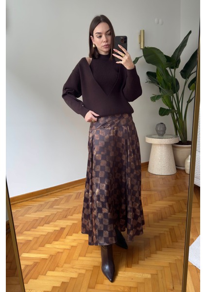 Kare Desen Geniş Kemerli Saten Etek- Kahverengi fiyatları