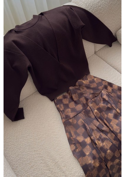 Kare Desen Geniş Kemerli Saten Etek- Kahverengi modelleri