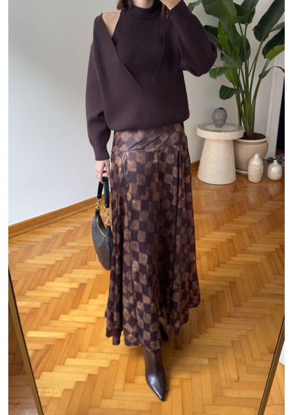 Kare Desen Geniş Kemerli Saten Etek- Kahverengi fırsatları