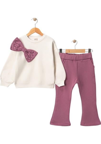 Kız Çocuk Incili Fiyonk Detaylı Ispanyol Paça 3 Iplik Şardonlu Eşofman Takımı 5-8 Yaş