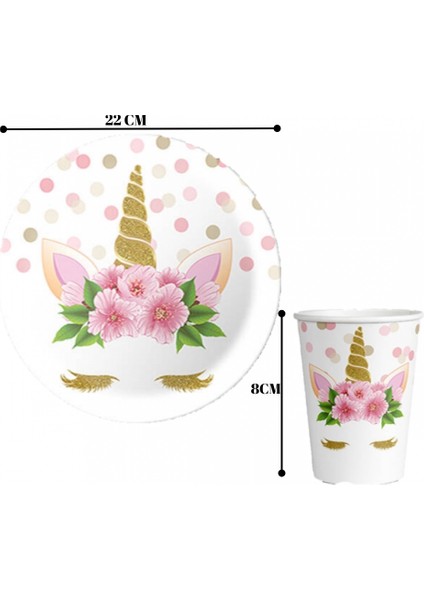 Beyaz Unicorn Baskılı 8'li Tabak Bardak Set