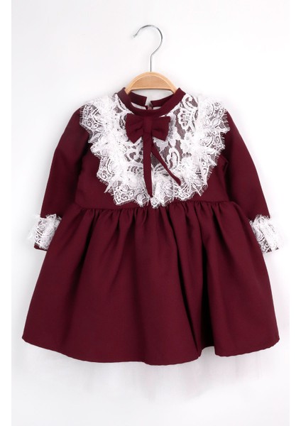 Bordo Dantel Detaylı Bordo Kız Çocuk Elbise - Gina