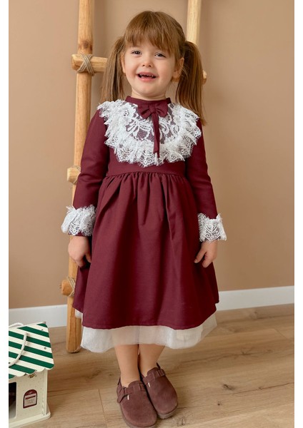 Bordo Dantel Detaylı Bordo Kız Çocuk Elbise - Gina