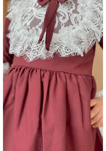 Bordo Dantel Detaylı Bordo Kız Çocuk Elbise - Gina