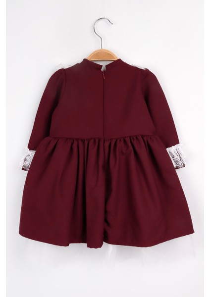 Bordo Dantel Detaylı Bordo Kız Çocuk Elbise - Gina