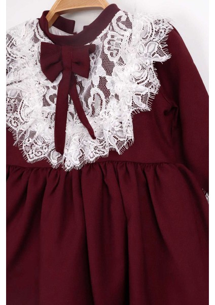 Bordo Dantel Detaylı Bordo Kız Çocuk Elbise - Gina
