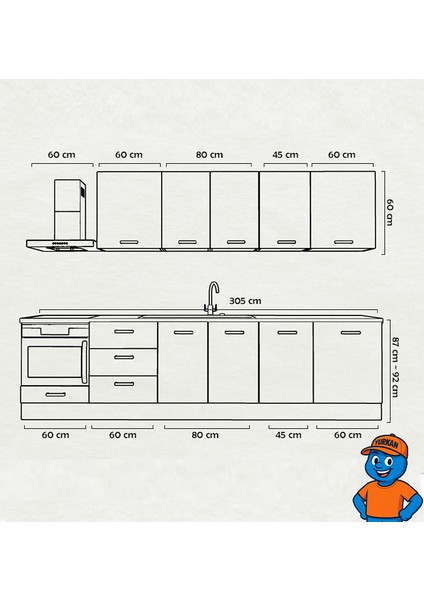 305 cm Mutfak Dolabı Mdf Kapak Tezgah Dahil YRKN305 98 fiyatları