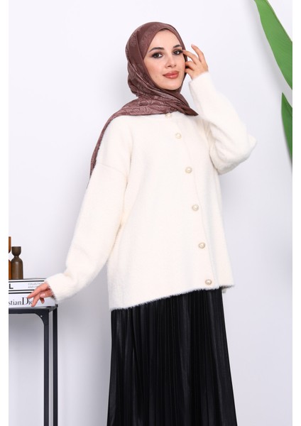 Krem Bisiklet Yaka Angora Yumoş Hırka