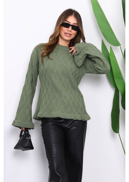 Haki Bel ve Kol Ucu Fırfırlı Triko Kazak modelleri