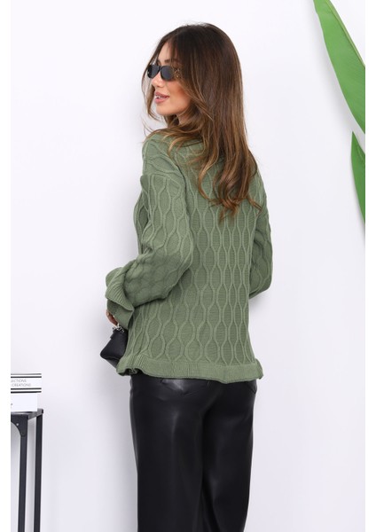 Haki Bel ve Kol Ucu Fırfırlı Triko Kazak fırsatları