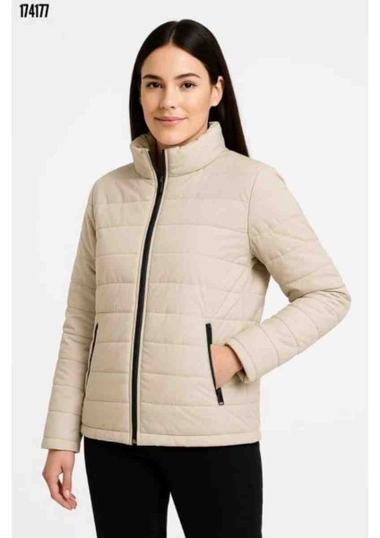 Bomber Mont Ceket-Su Itici Kumaş, Kapitone Astarlı, Fermuarlı, Kışlık, Kırmızı Gül Figürlü Kolye Hediye