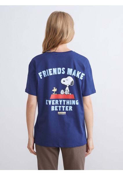 Yeni Sezon Bisiklet Yaka Snoopy Baskılı Kadın Tişört fırsatları