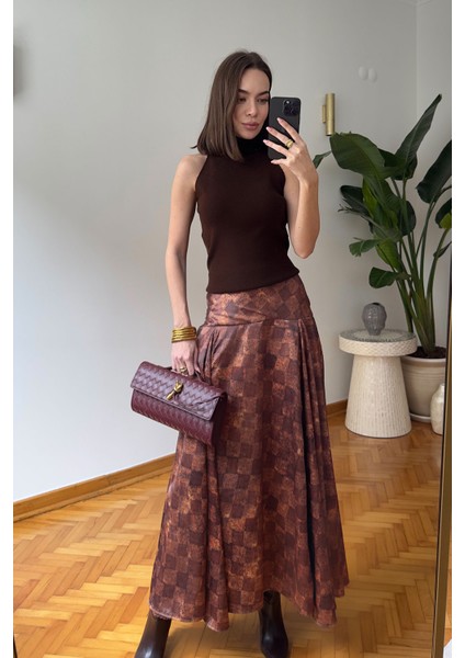 Kare Desen Geniş Kemerli Saten Etek- Kiremit fiyatları