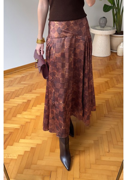 Kare Desen Geniş Kemerli Saten Etek- Kiremit fırsatları