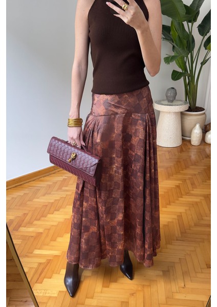 Kare Desen Geniş Kemerli Saten Etek- Kiremit indirimleri