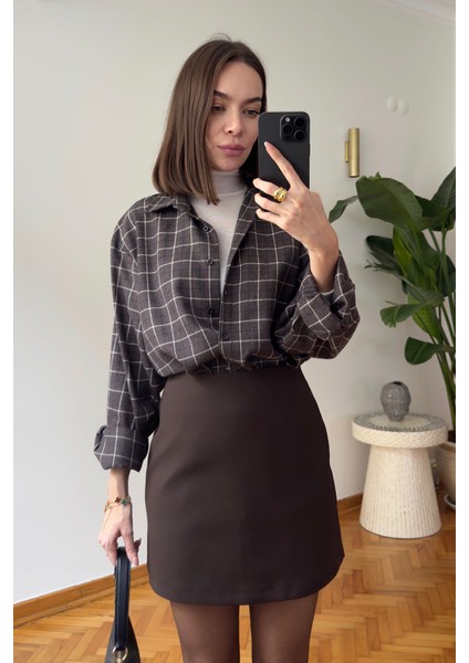 Ekose Desen Oversize Premium Gömlek- Kahverengi