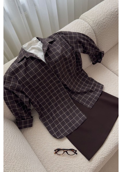 Ekose Desen Oversize Premium Gömlek- Kahverengi fırsatları