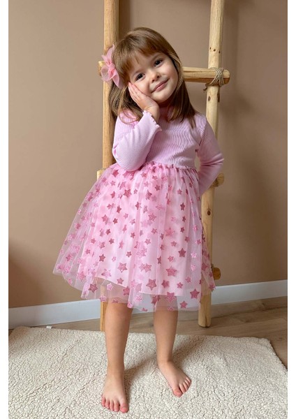 Pembe Yıldız Baskılı Tül Etekli Kız Çocuk Elbise - Karen