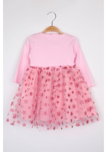 Pembe Yıldız Baskılı Tül Etekli Kız Çocuk Elbise - Karen