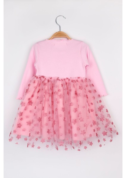 Pembe Yıldız Baskılı Tül Etekli Kız Çocuk Elbise - Karen