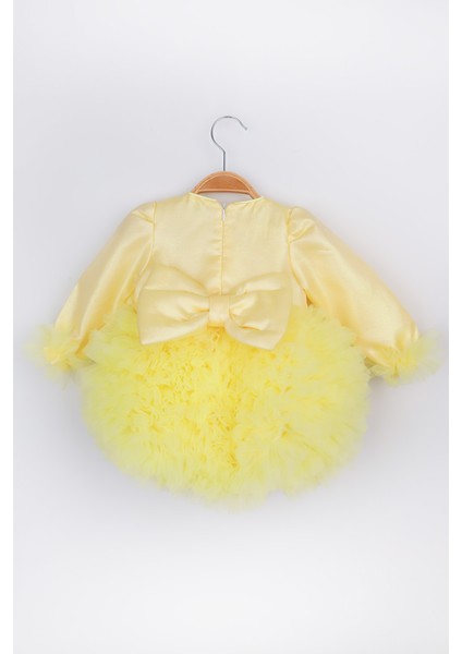 Uzun Kollu Sarı Tütülü Kız Bebek Prenses Elbise - Asel