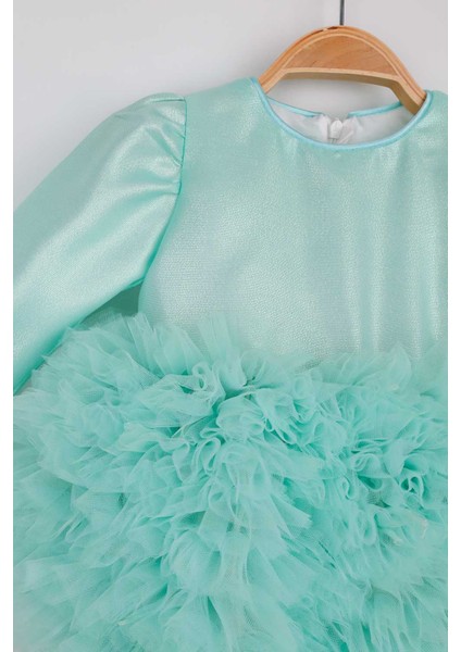 Mint Uzun Kollu Tütülü Kız Bebek Prenses Elbise - Asel