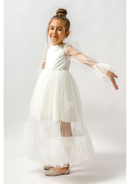 Ekru Kolları Tül Detaylı Taşlı Uzun Kız Çocuk Elbise - Calla modelleri