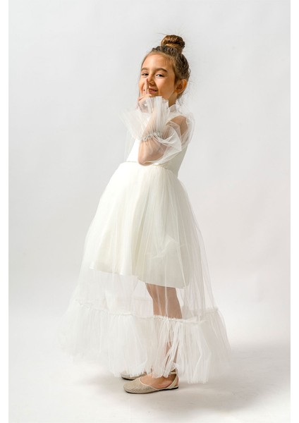 Ekru Kolları Tül Detaylı Taşlı Uzun Kız Çocuk Elbise - Calla fırsatları