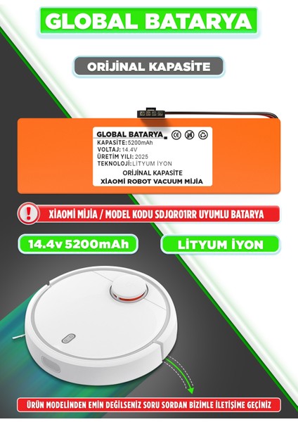 Xiaomi Mijia SDJQR01RR Uyumlu Akıllı Robot Süpürge Bataryası 14.4V 5200MAH Pil (Orijinal Kapasite)