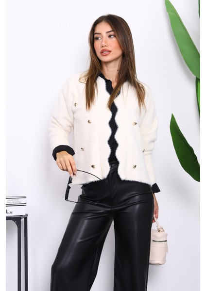 Krem Düğme Detaylı Angora Yumoş Triko Hırka