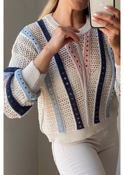 Kadın Renkli Çizgili Açık Örgü Kazak – Rahat & Bohem Stil fiyatları