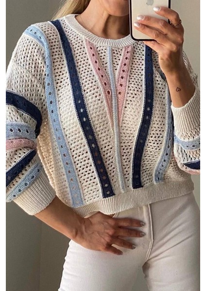 Kadın Renkli Çizgili Açık Örgü Kazak – Rahat & Bohem Stil modelleri