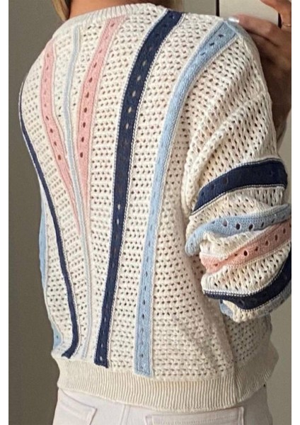 Kadın Renkli Çizgili Açık Örgü Kazak – Rahat & Bohem Stil indirimleri
