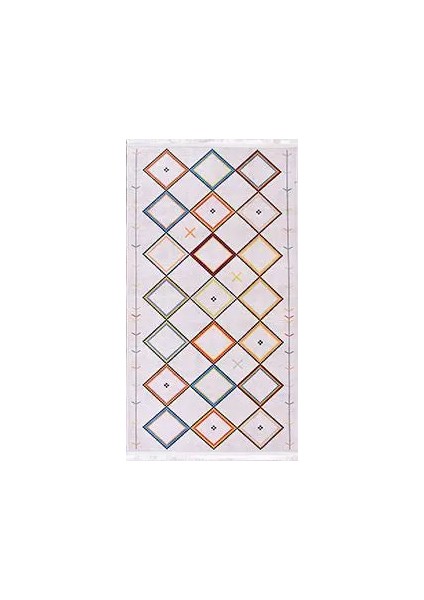 Vigna Geometrik Kırık Beyaz Polyester ve Pamuklu Kaydırmaz Tabanlı Dijital Baskı Halı