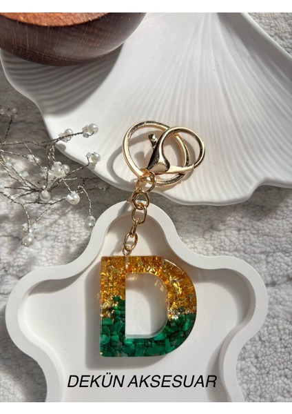 D Harfi Epoksi Yeşil Gold El Yapımı Anahtarlık