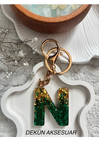N Harfi Epoksi Yeşil Gold El Yapımı Anahtarlık