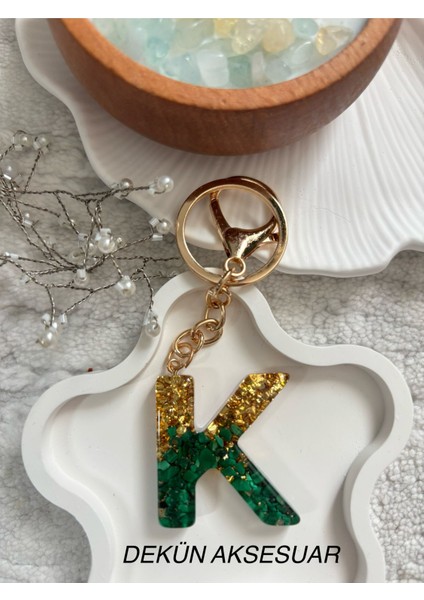K Harfi Epoksi Yeşil Gold El Yapımı Anahtarlık