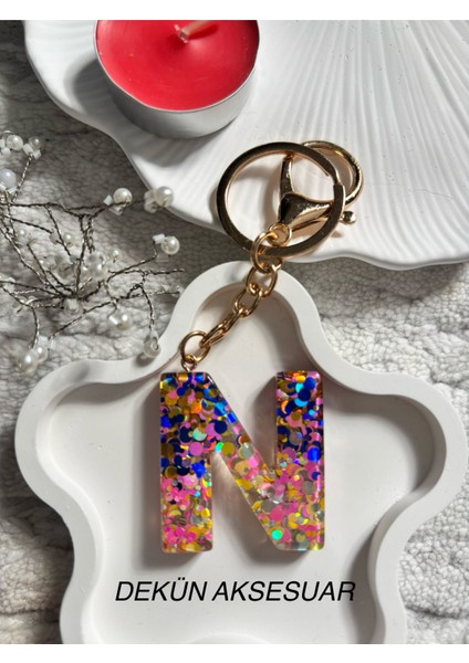 N Harfi Epoksi Karışık Renk El Yapım Anahtarlık