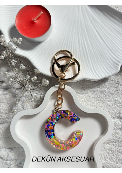 C Harfi Epoksi Karışık Renk El Yapımı Anahtarlık