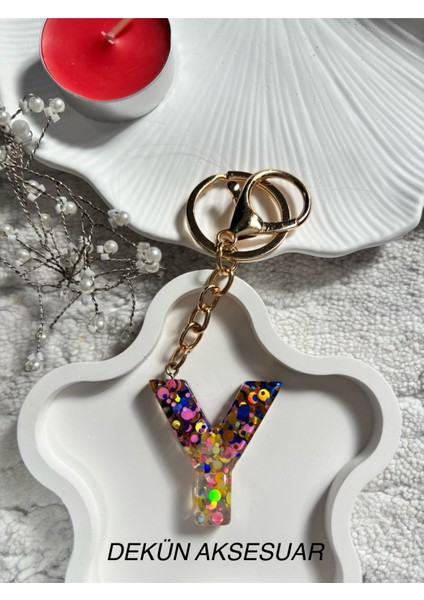 Y Harfi Epoksi Karışık Renk El Yapımı Anahtarlık