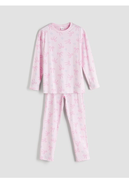Yeni Sezon Bisiklet Yaka Fiyonk Desenli Kız Çocuk Pijama Takımı